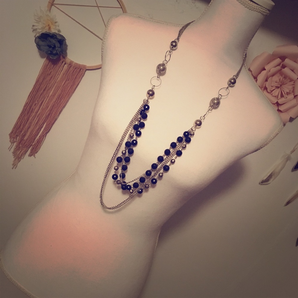 💕Long Black& Silver Beaded Necklace with Chains💕